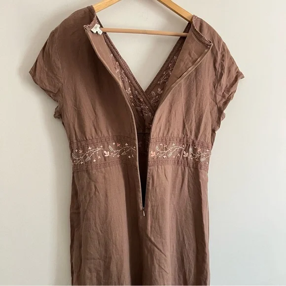 J. Jill Linen Dress Embroidered, Soft Neutral Brown With Pockets Womens Size 12 - Picture 5 of 6
